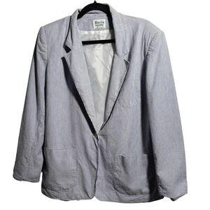 Vintage USA Made Blue White Striped Seersucker Blazer Jacket Barclay Square XXL